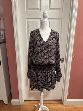 10 Crosby Derek Lam Silk Floral Smocked  V-Neck Long-Sleeve Mini Dress